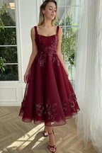 Burgundy Ankle length square neck Homecoming Dress by misshow.com
