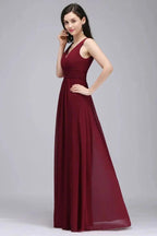 Burgundy Chiffon Sheath V Neck Long Evening Dresses by misshow.com