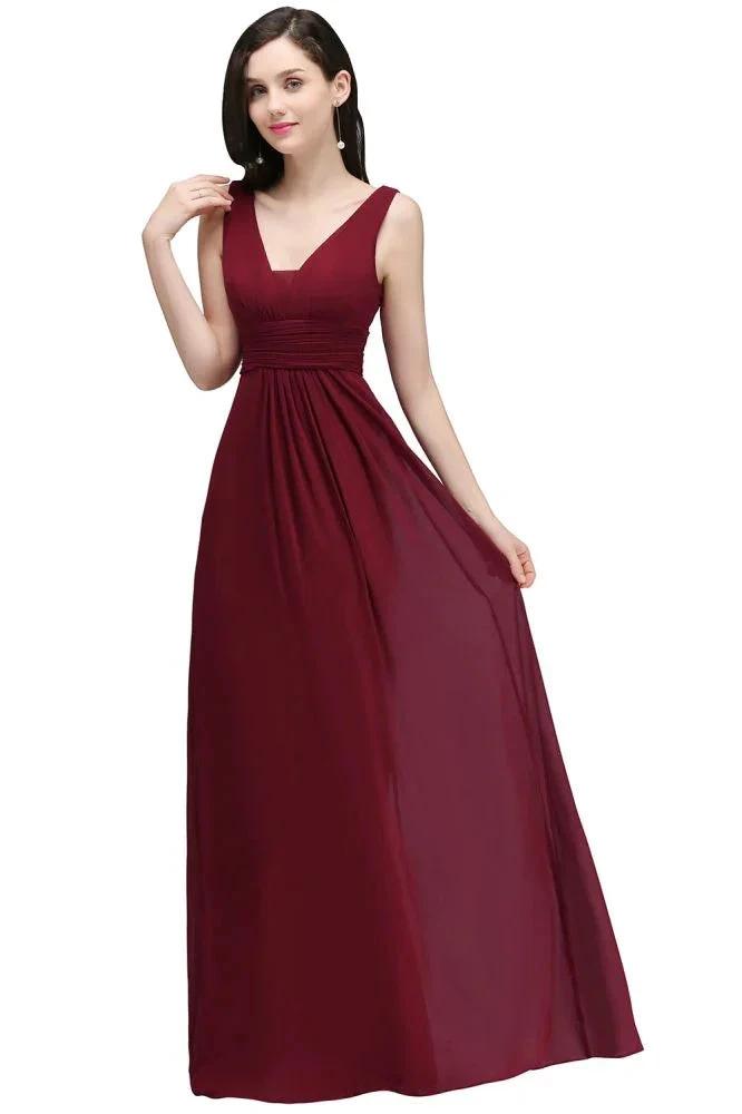 Burgundy Chiffon Sheath V Neck Long Evening Dresses by misshow.com