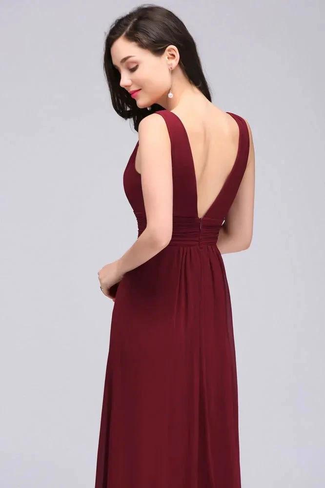 Burgundy Chiffon Sheath V Neck Long Evening Dresses by misshow.com