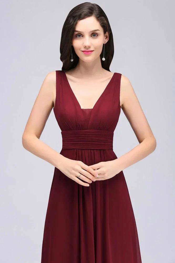 Burgundy Chiffon Sheath V Neck Long Evening Dresses by misshow.com
