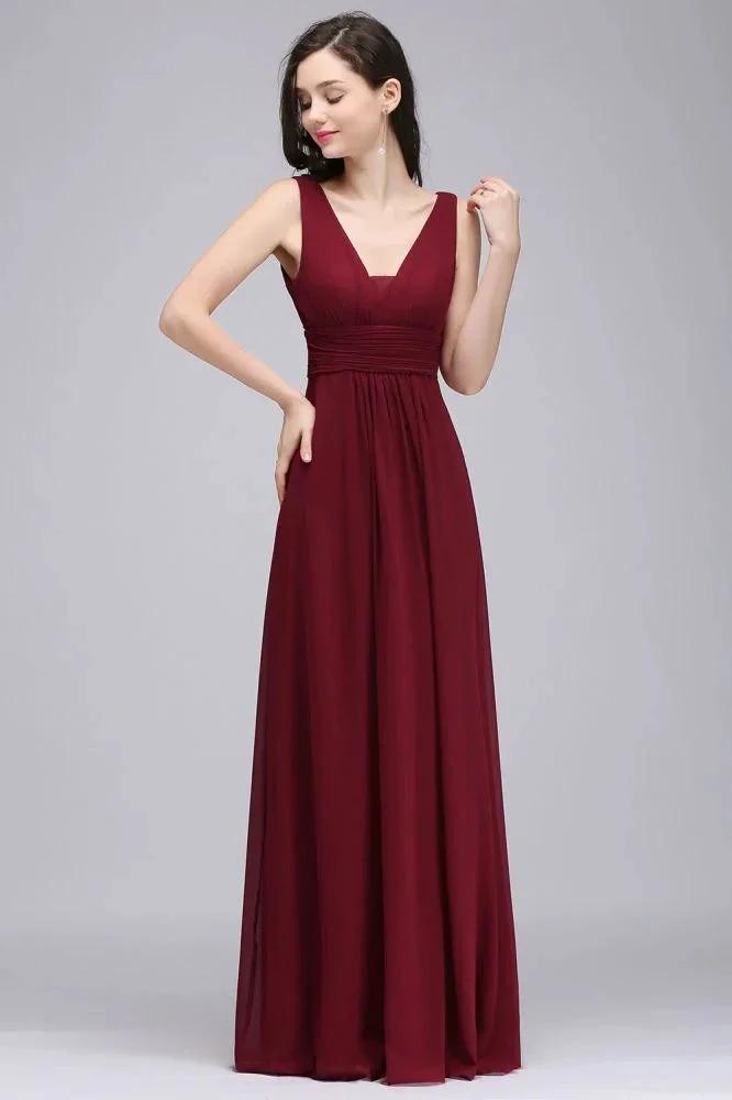 Burgundy Chiffon Sheath V Neck Long Evening Dresses by misshow.com