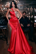 Beautiful One-Shoulder Sleeveless Satin Mermaid Prom Dresses with Train by BIZTUNNEL