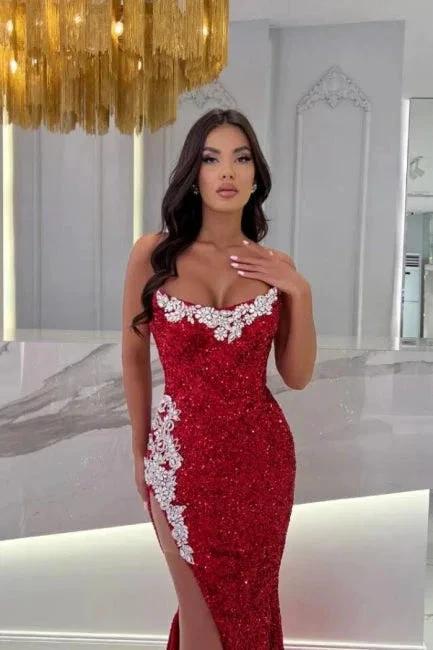 Burgundy Split Front Mermaid Floor-Length Prom Dress with Appliques by misshow.com