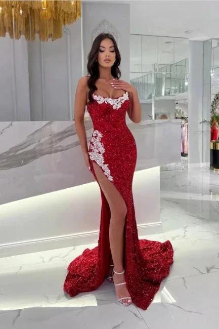 Burgundy Split Front Mermaid Floor-Length Prom Dress with Appliques by misshow.com