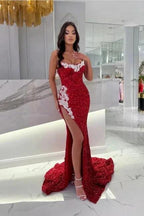 Burgundy Split Front Mermaid Floor-Length Prom Dress with Appliques by misshow.com