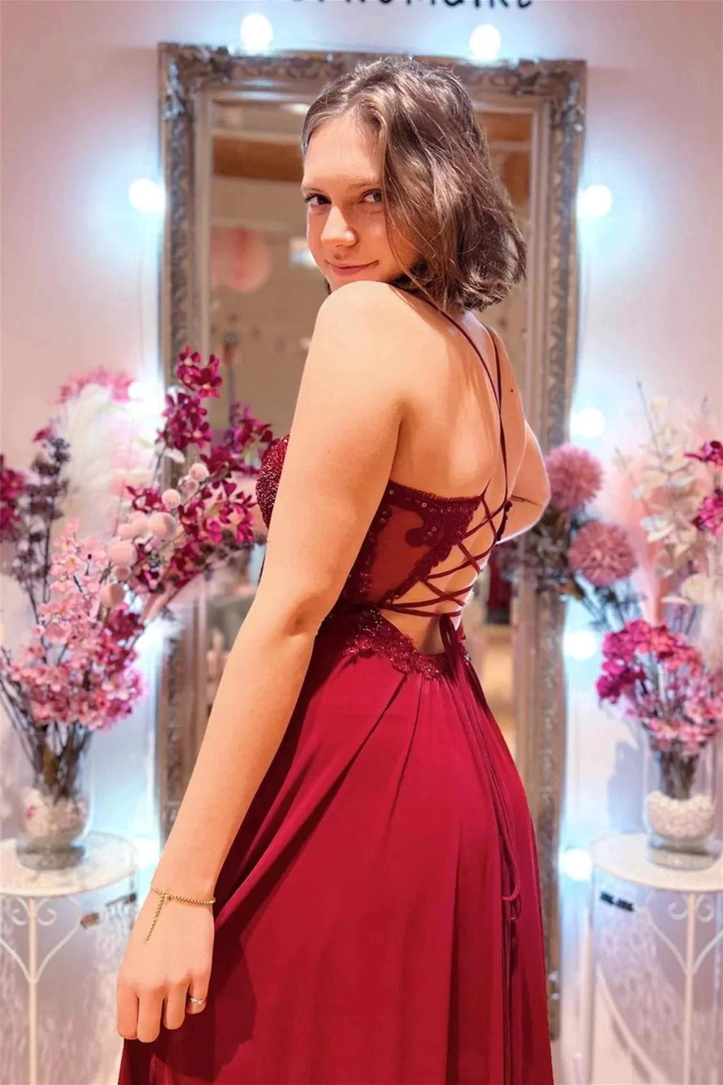 Burgundy Plunging V Neck Beaded Appliques Long Prom Dress with Slit PSK414 by pgmdress