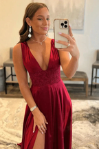 Novah | Burgundy V Neck Lace Long Prom Evening Dress with High Slit by KissProm