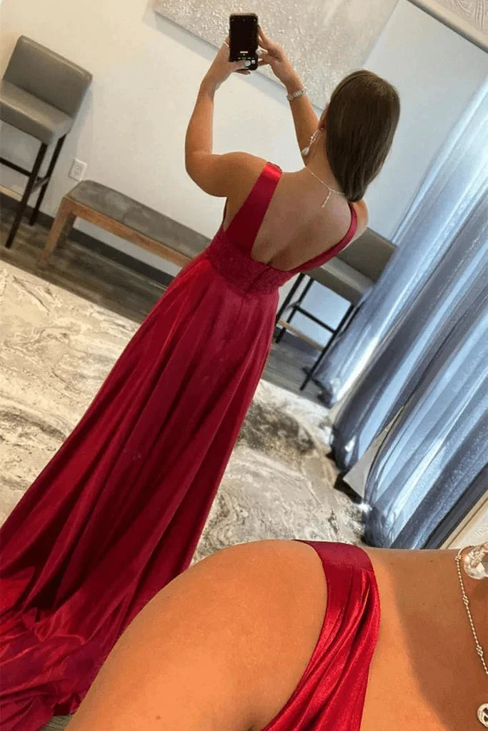 Novah | Burgundy V Neck Lace Long Prom Evening Dress with High Slit by KissProm