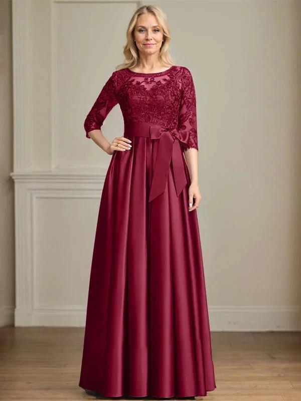A-line Scoop Illusion Floor-Length Satin Lace Mother of the Bride Dress With Sequins Bow by Dreamylily