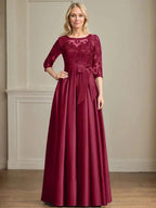 A-line Scoop Illusion Floor-Length Satin Lace Mother of the Bride Dress With Sequins Bow by Dreamylily