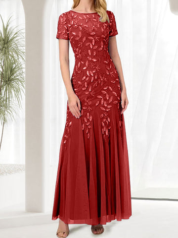 Vestido largo de sirena azul con cuello redondo para madre de la novia con cuentas