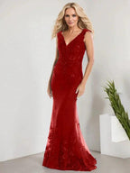 A-line V-Neck Floor-Length Lace Chiffon Mother of the Bride Dress With Applique Sequins Mermaid Dresses by Dreamylily