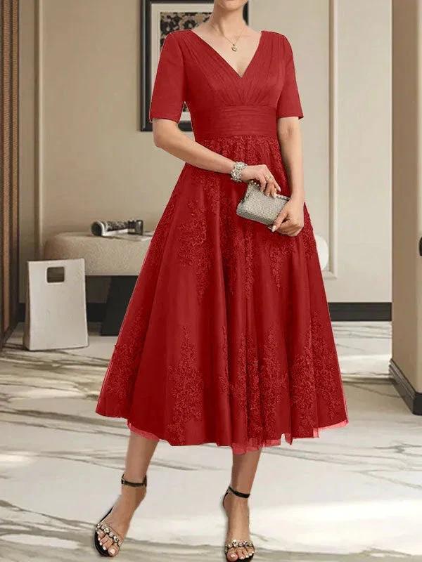A-line V-Neck Tea-Length Tulle Lace Mother of the Bride Dress With Pleated by Dreamylily