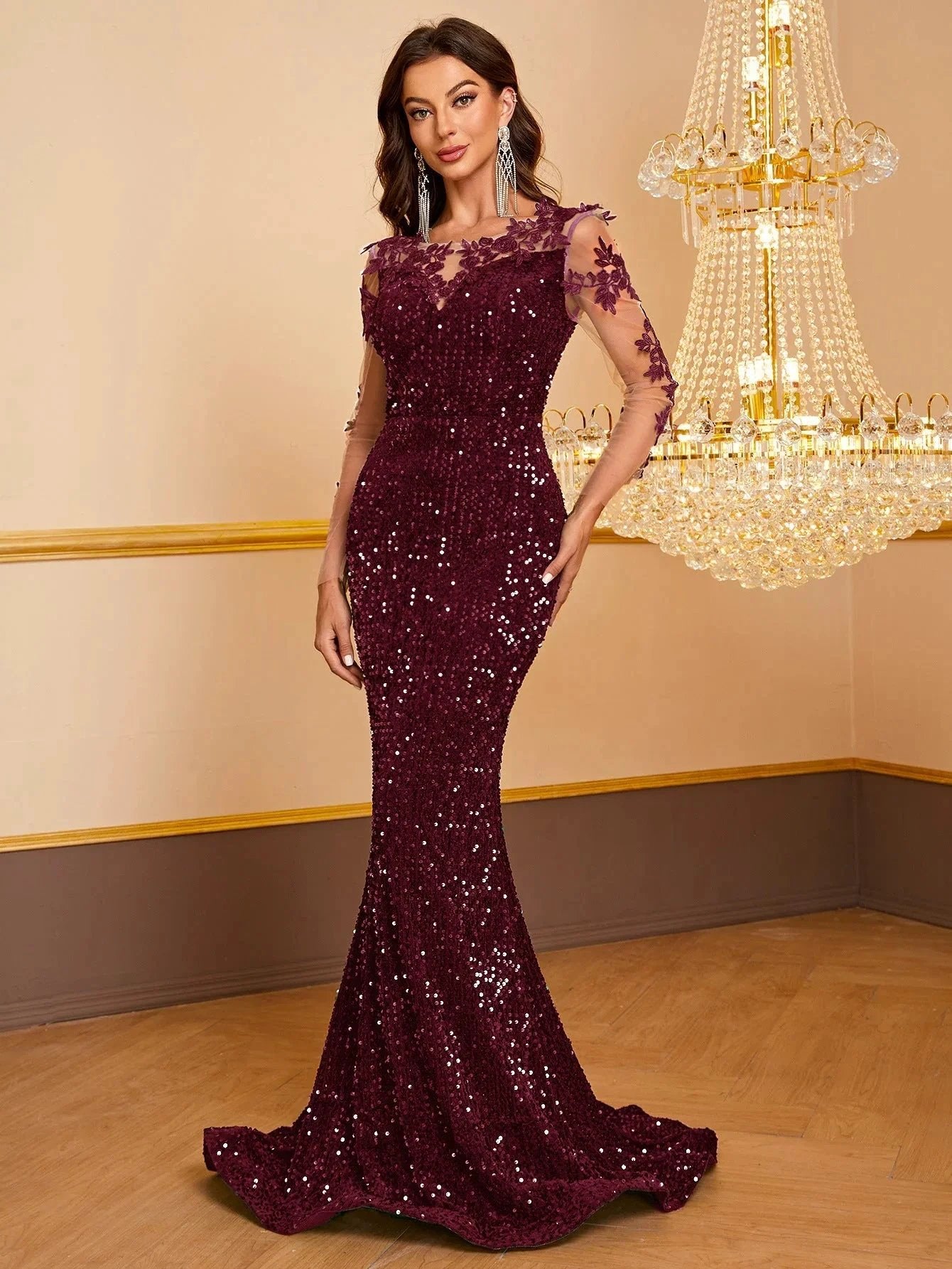 Women's Contrast Sequin embroidered Mermaid Hem Sequin Prom Dress by Sunnderly