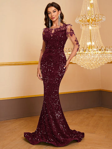 Vestido de fiesta con dobladillo de sirena bordado con lentejuelas en contraste para mujer 