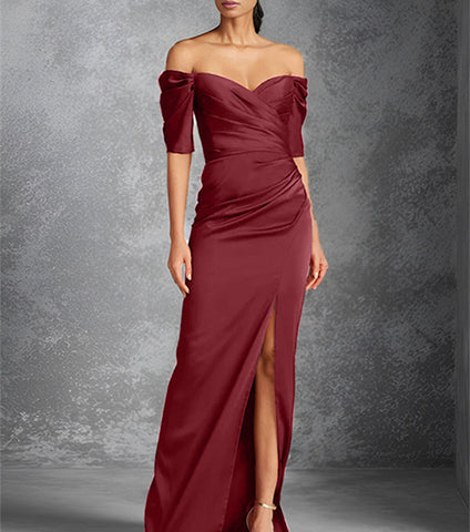 Vestidos para madre de la novia con corte tubo, hombros descubiertos, mangas cortas y largo hasta el suelo con abertura frontal 