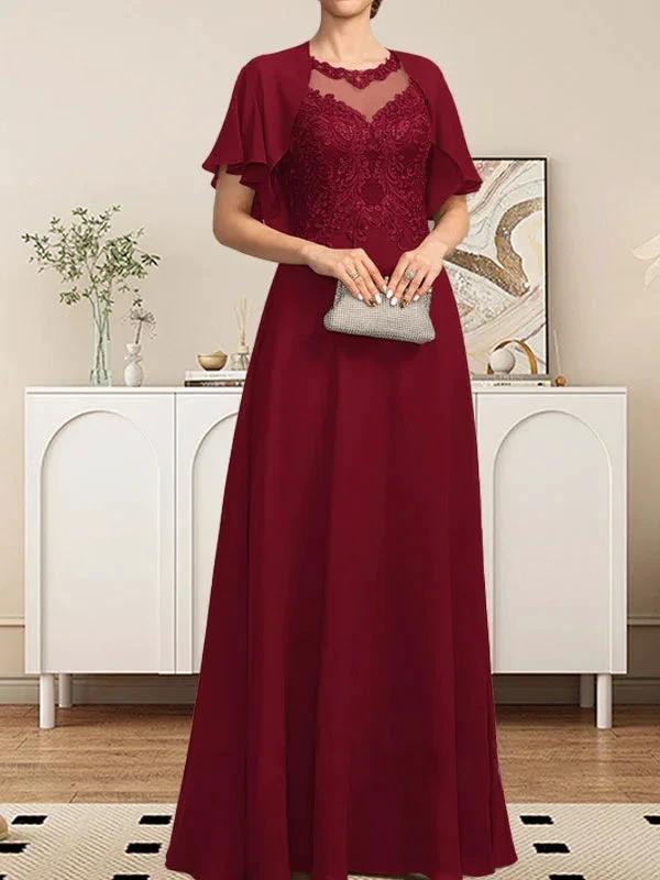 A-line Scoop Illusion Floor-Length Lace Chiffon Mother of the Bride Dress With Sequins by Dreamylily