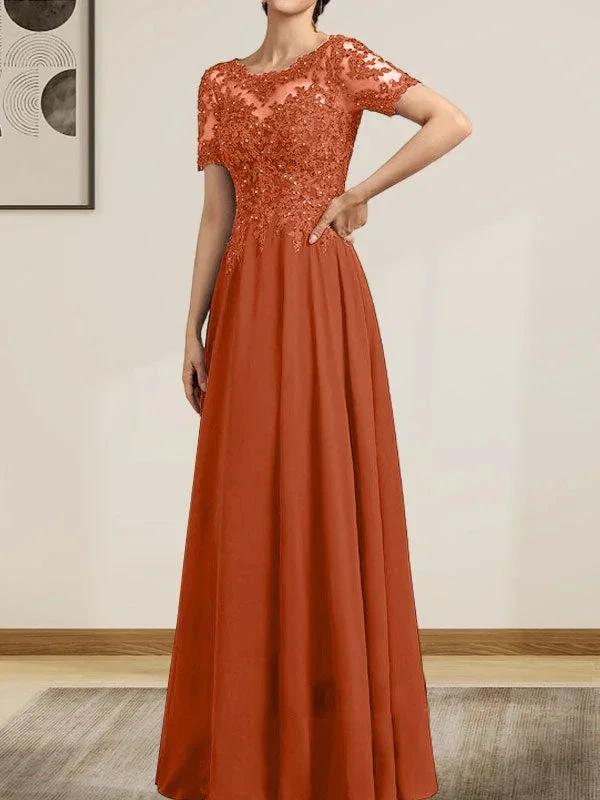 A-line Scoop Illusion Floor-Length Chiffon Lace Mother of the Bride Dress With Sequins Beading by Dreamylily