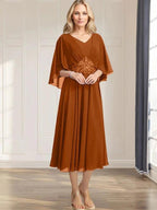 A-line V-Neck Tea-Length Chiffon Mother of the Bride Dress With Pleated Sequins Appliques Lace Beadind by Dreamylily