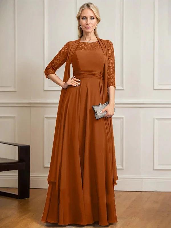 A-line Scoop Illusion Floor-Length Lace Chiffon Mother of the Bride Dress With Pleated by Dreamylily