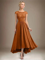 A-line Scoop Illusion Asymmetrical Lace Chiffon Mother of the Bride Dress With Pleated by Dreamylily