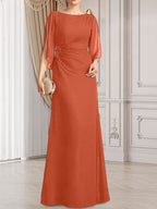 Etui-Linie/Säule U-Ausschnitt Bodenlang Chiffon Kleid für die Brautmutter mit Plissee Perlenbesatz