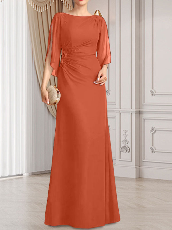 Etui-Linie/Säule U-Ausschnitt Bodenlang Chiffon Kleid für die Brautmutter mit Plissee Perlenbesatz