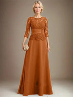 A-line Scoop Illusion Floor-Length Chiffon Lace Mother of the Bride Dress With Pleated Sequins Beading by Dreamylily