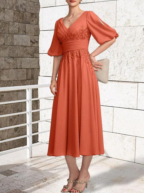 A-line V-Neck Tea-Length Lace Chiffon Mother of the Bride Dress With Pleated by Dreamylily