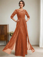 A-Line Scoop Illusion Floor-Length Lace Chiffon Mother Of the Bride Dress With Beading Ruffles by Dreamylily