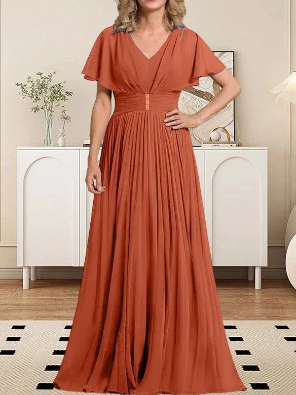 A-line V-Neck Floor-Length Chiffon Mother of the Bride Dress With Crystal Brooch Pleated by Dreamylily