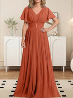 A-line V-Neck Floor-Length Chiffon Mother of the Bride Dress With Crystal Brooch Pleated by Dreamylily