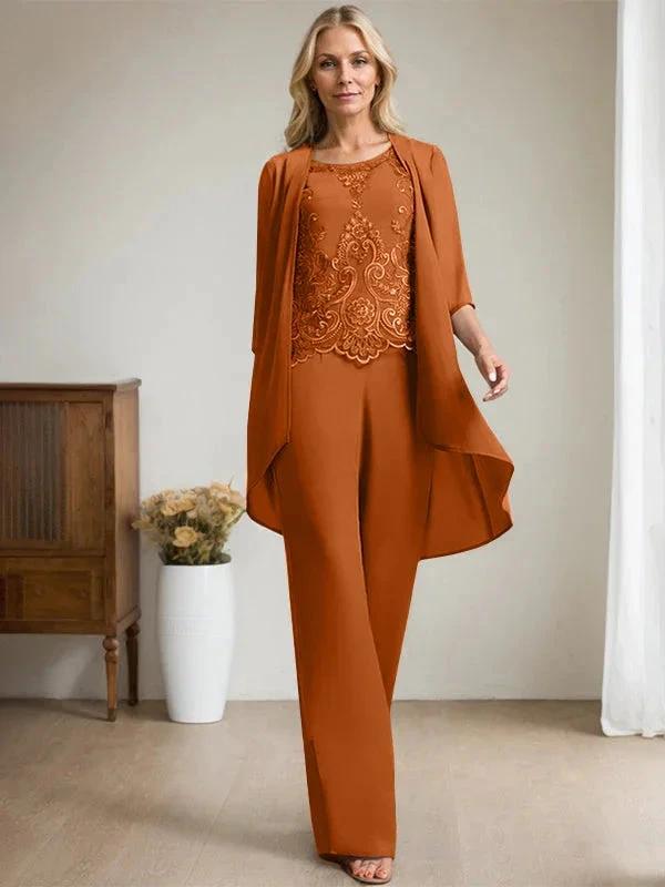 Separates Jumpsuit/Pantsuit Scoop Floor-Length Chiffon Lace Mother of the Bride Dress With Beading Sequins by Dreamylily