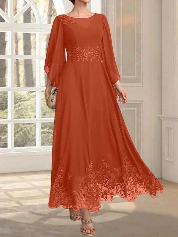 A-line Scoop Illusion Ankle-Length Lace Chiffon Mother of the Bride Dress With Sequins by Dreamylily