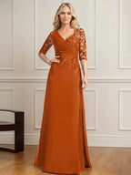 A-line V-Neck Floor-Length Lace Chiffon Mother of the Bride Dress With Pleated Sequins by Dreamylily