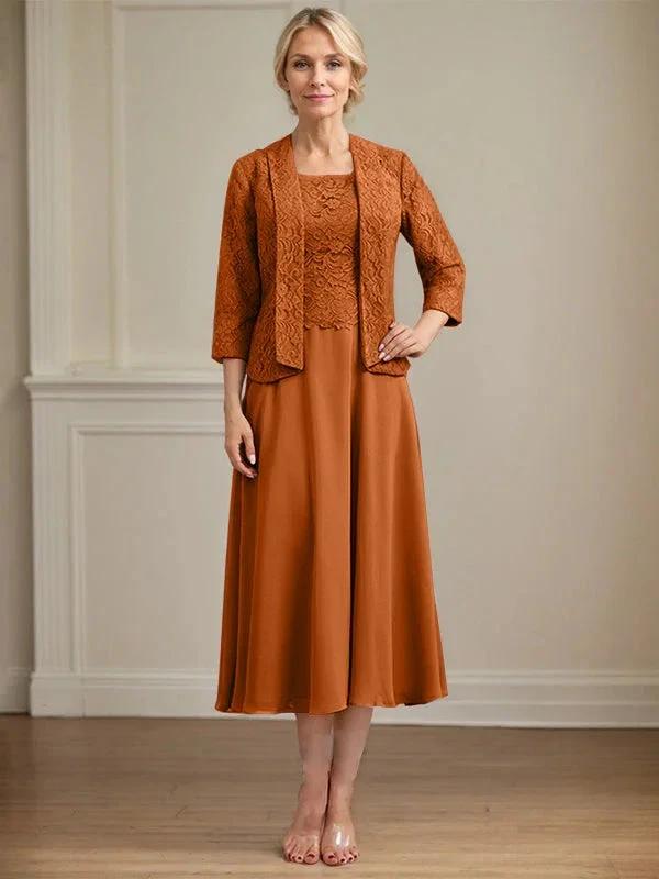 A-line Scoop Tea-Length Lace Chiffon Mother of the Bride Dress by Dreamylily