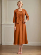 A-line Scoop Tea-Length Lace Chiffon Mother of the Bride Dress by Dreamylily