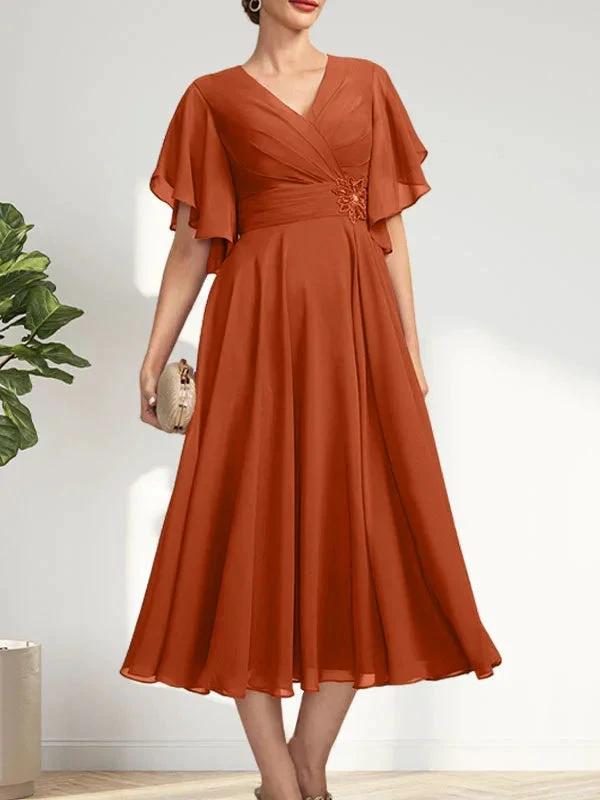 A-line V-Neck Tea-Length Chiffon Mother of the Bride Dress With Pleated Beading by Dreamylily