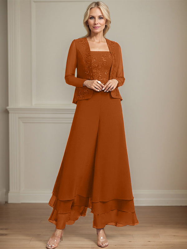 Separates Jumpsuit/Pantsuit Square Ankle-Length Lace Chiffon Mother of the Bride Dress With Sequins