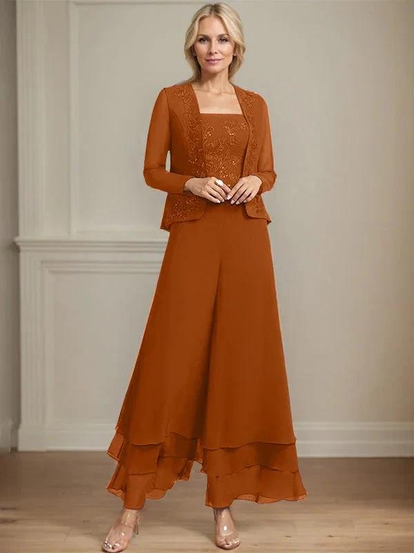 Separates Jumpsuit/Pantsuit Square Ankle-Length Lace Chiffon Mother of the Bride Dress With Sequins by Dreamylily