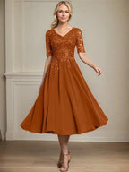 A-line V-Neck Tea-Length Lace Chiffon Mother of the Bride Dress With Sequins by Dreamylily