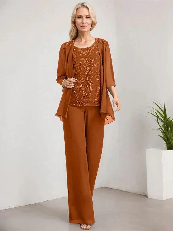 Separates Jumpsuit/Pantsuit Scoop Floor-Length Lace Chiffon Mother of the Bride Dress With Sequins by Dreamylily