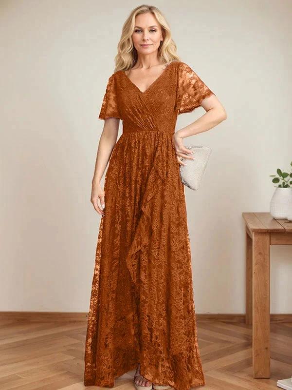 A-Line V-Neck Asymmetrical Lace Mother of the Bride Dress With Cascading Ruffles by Dreamylily