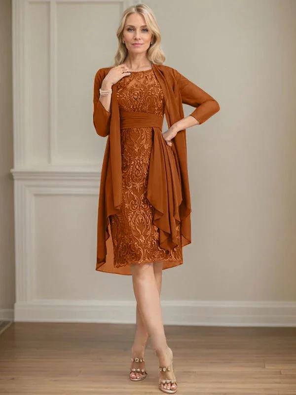 Sheath/Column Scoop Illusion Knee-Length Lace Chiffon Mother of the Bride Dress With Cascading Ruffles Sequins by Dreamylily