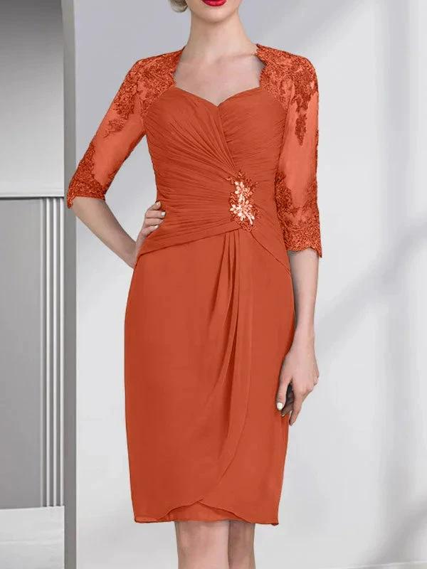 Sheath/Column Sweetheart Knee-Length Chiffon Mother of the Bride Dress With Beading Appliques Lace Sequins Pleated by Dreamylily