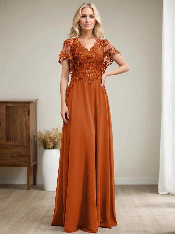 A-line V-Neck Floor-Length Lace Chiffon Mother of the Bride Dress With Sequins by Dreamylily