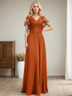 A-line V-Neck Floor-Length Lace Chiffon Mother of the Bride Dress With Sequins by Dreamylily