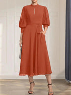 A-line High Neck Tea-Length Lace Chiffon Mother of the Bride Dress With Bow by Dreamylily