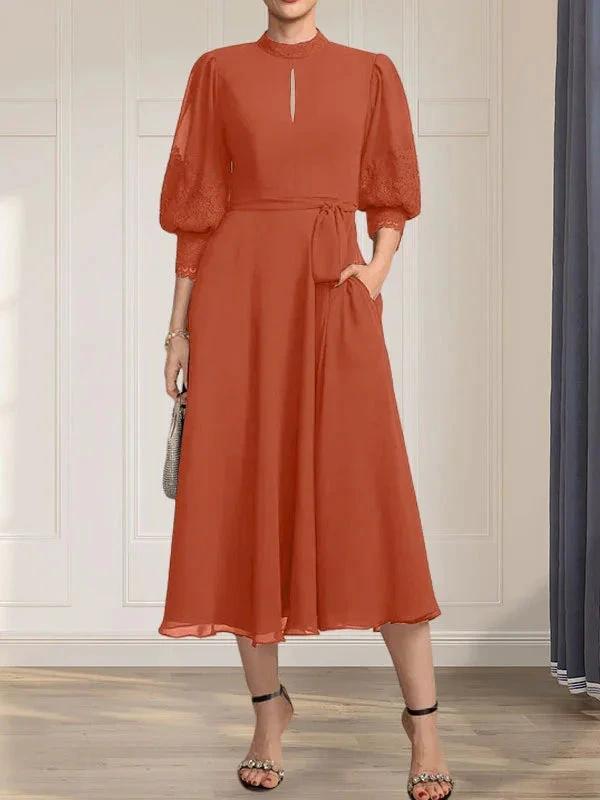 A-line High Neck Tea-Length Lace Chiffon Mother of the Bride Dress With Bow by Dreamylily
